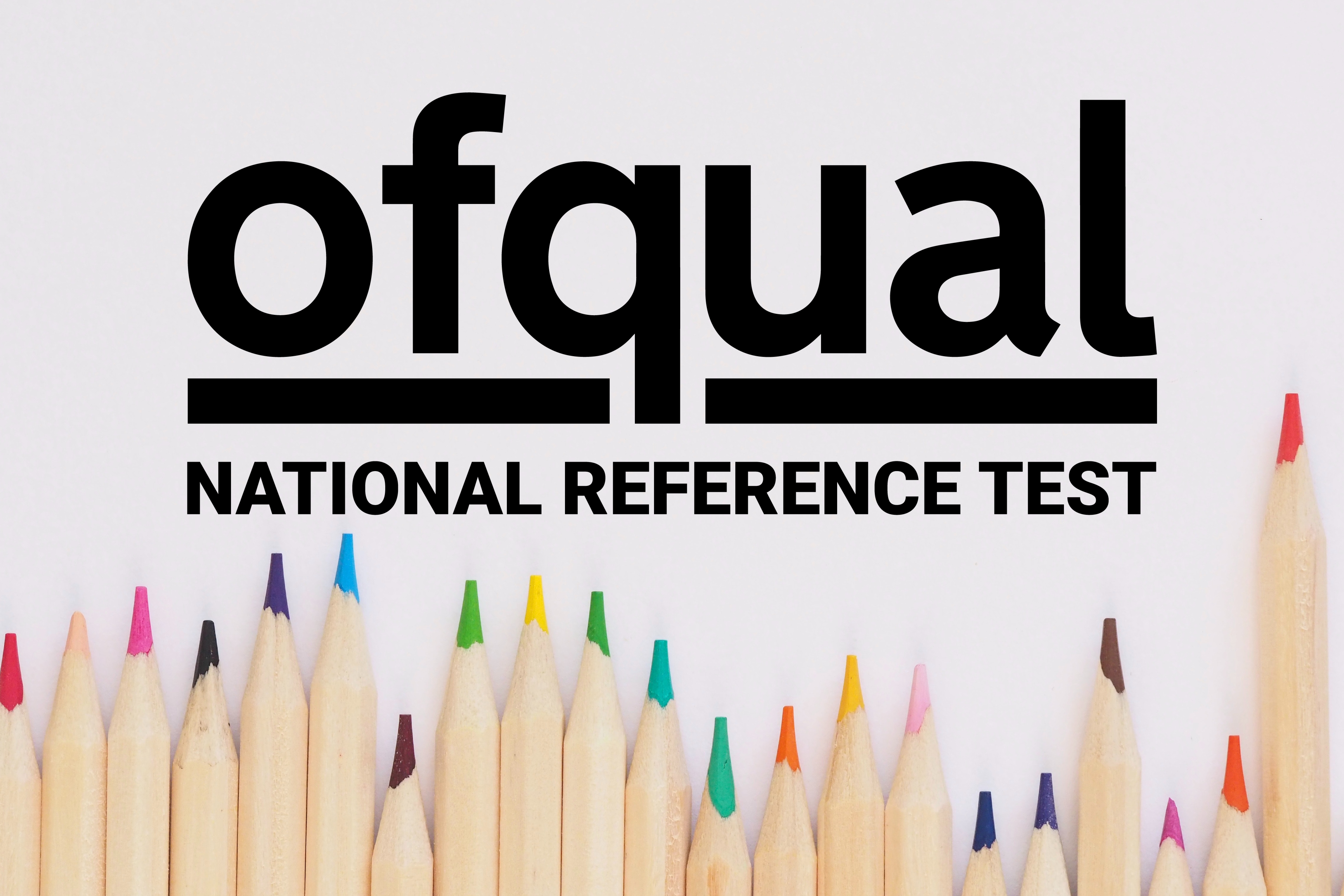 The Ofqual logo with words national reference test written below it. Underneath writing are 21 vertical colouring pencils, stacked against one another, of varying colours and sizes