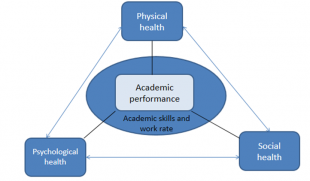 Image two is a triangle with text - on top point of triangle the text reads physical health, the bottom right point reads social health, the bottom left point reads psychological health. In the middle there is a block of text which reads academic performance. Underneath this there is text which reads academic skills and work rate